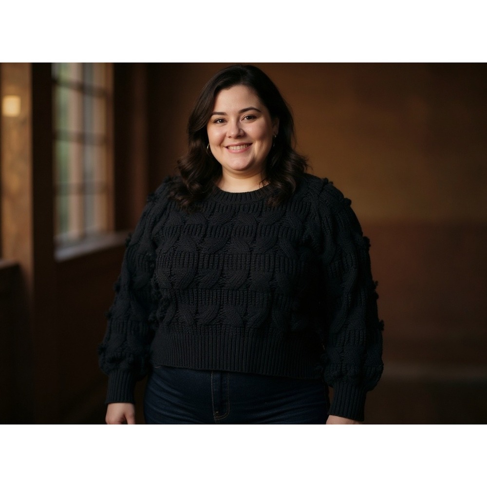 GLITZY Black Textured Cable Knit Balloon Sleeve Sweater Women's Plus Size 5XL